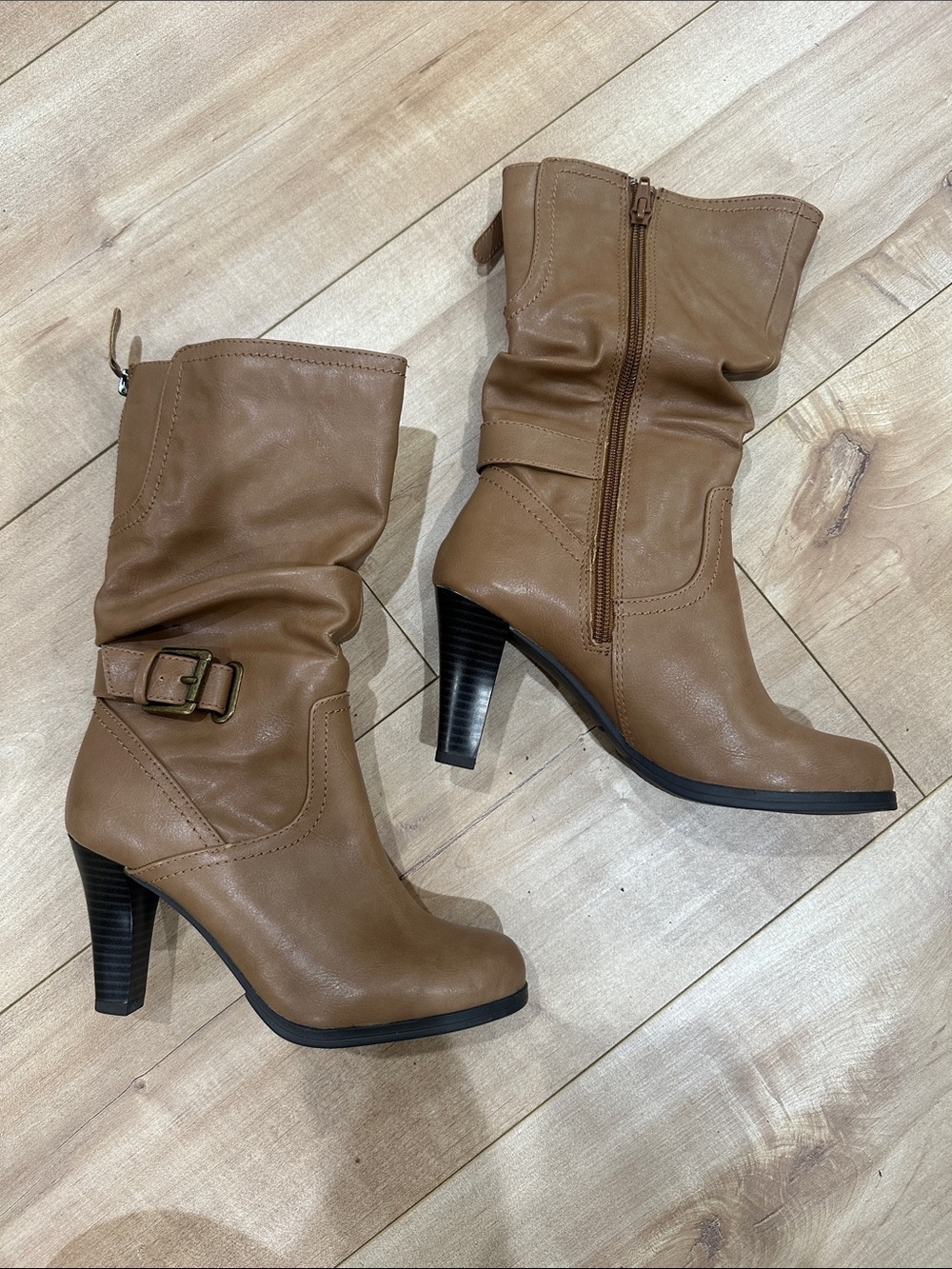 Cathy Jean Cognac Mid-Calf Buckle Heeled Boots